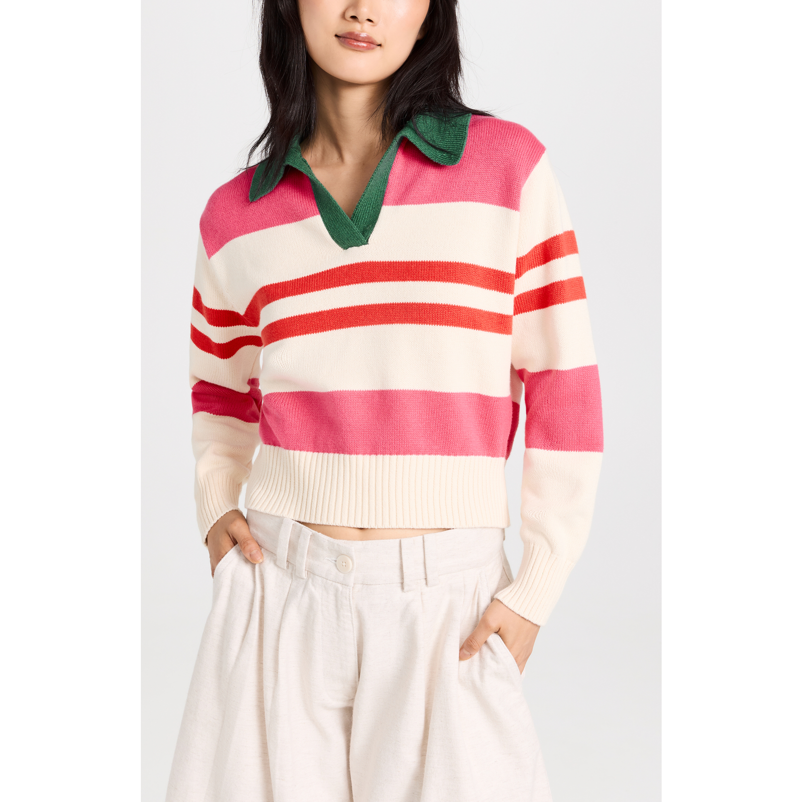Birds Of Paradis 'Parker' Pink Polo Log Sleeve Stripe Sweater Size S
